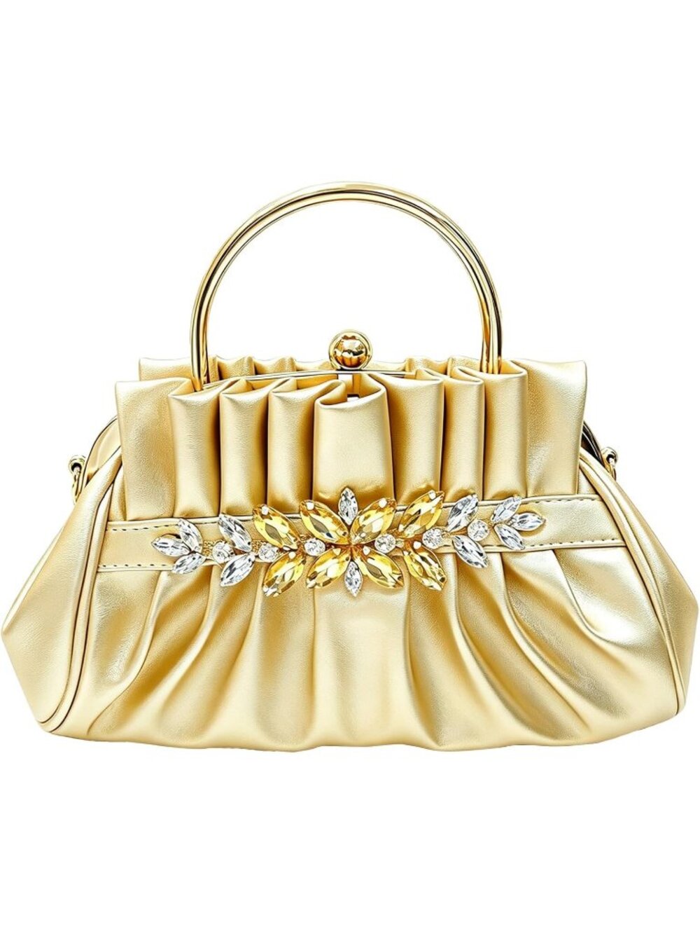Women's Gold Elegant Rhinestone Clutch Purse Pleated Evening Party Handbag